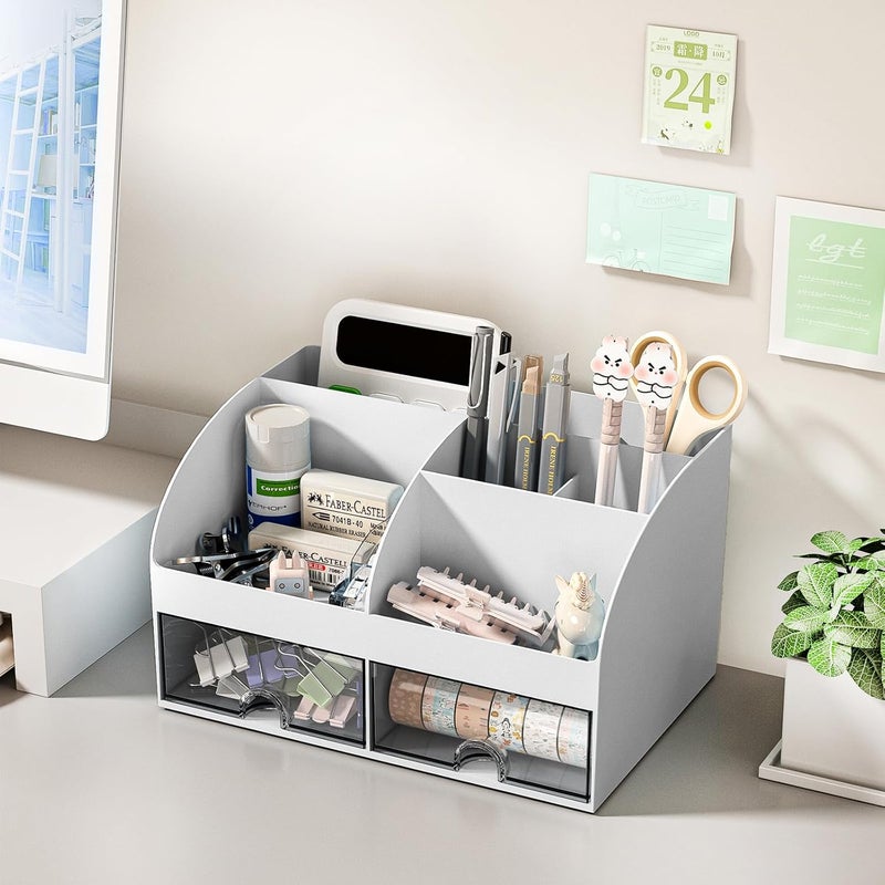 COMFYROOM Desk Organizer with 6 Compartments and 2 Drawers, Plastic Makeup Organizer, Pen Holder for Desktop Storage, Desk Organization for School, Home, Office Supplies (Grey) - Image 3